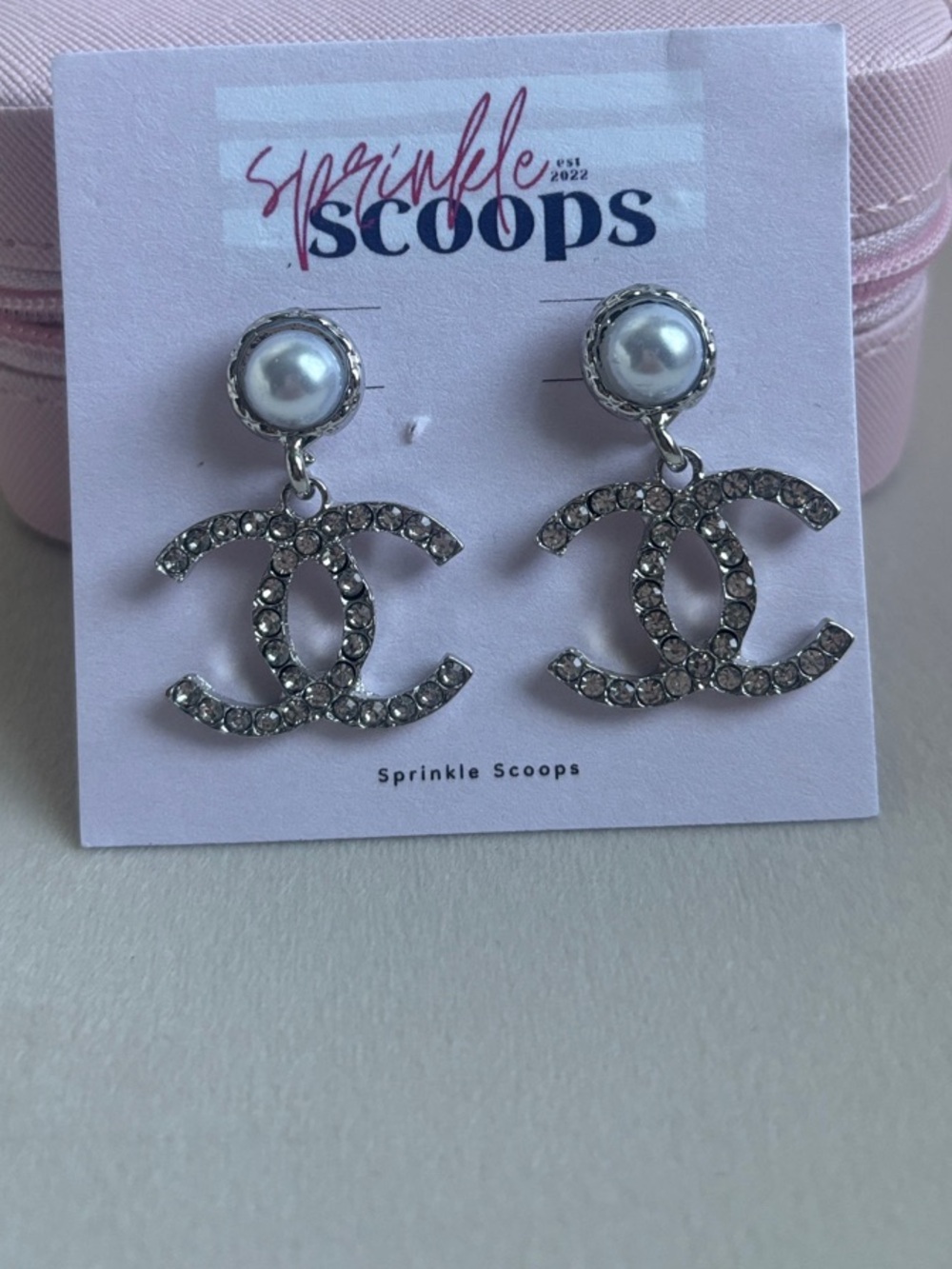 Silver Pearl CC Logo Drop Earrings